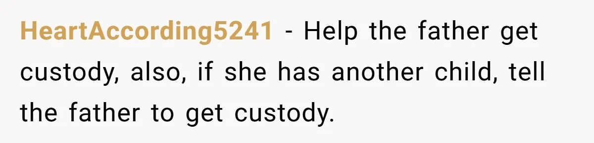 HeartAccording5241 − Help the father get custody, also, if she has another child, tell the father to get custody.