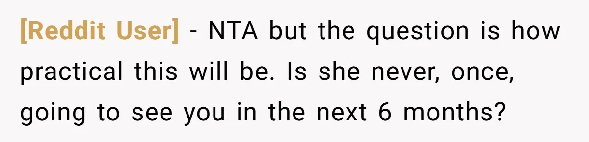 [Reddit User] − NTA but the question is how practical this will be. Is she never, once, going to see you in the next 6 months?