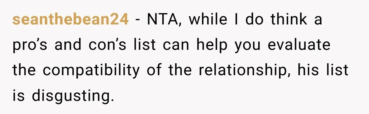 seanthebean24 − NTA, while I do think a pro’s and con’s list can help you evaluate the compatibility of the relationship, his list is disgusting.