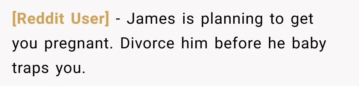 [Reddit User] − James is planning to get you pregnant. Divorce him before he baby traps you.