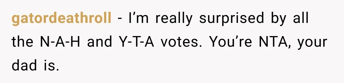 gatordeathroll − I’m really surprised by all the N-A-H and Y-T-A votes. You’re NTA, your dad is.