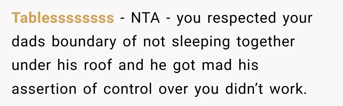 Tablessssssss − NTA - you respected your dads boundary of not sleeping together under his roof and he got mad his assertion of control over you didn’t work.