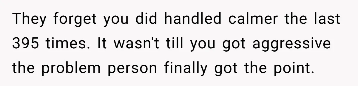 They forget you did handled calmer the last 395 times. It wasn't till you got aggressive the problem person finally got the point.