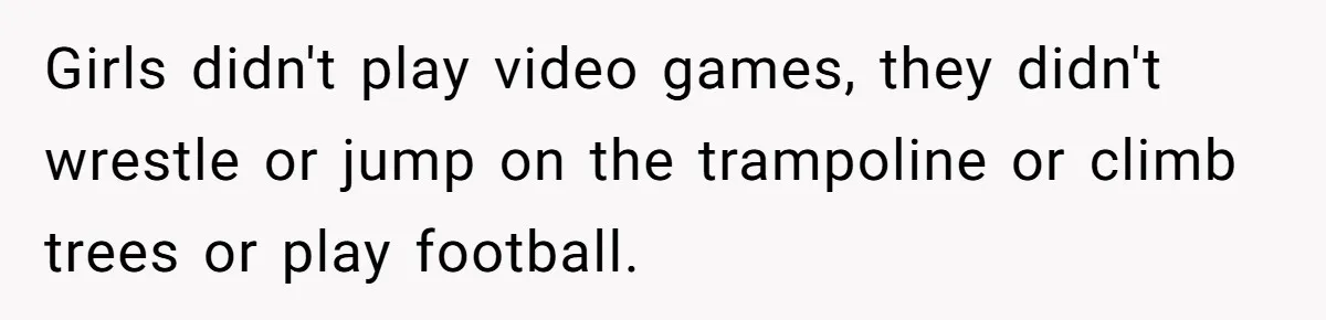 Girls didn't play video games, they didn't wrestle or jump on the trampoline or climb trees or play football.