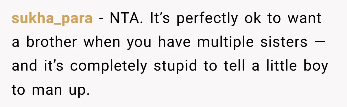 sukha_para − NTA. It’s perfectly ok to want a brother when you have multiple sisters — and it’s completely stupid to tell a little boy to man up.