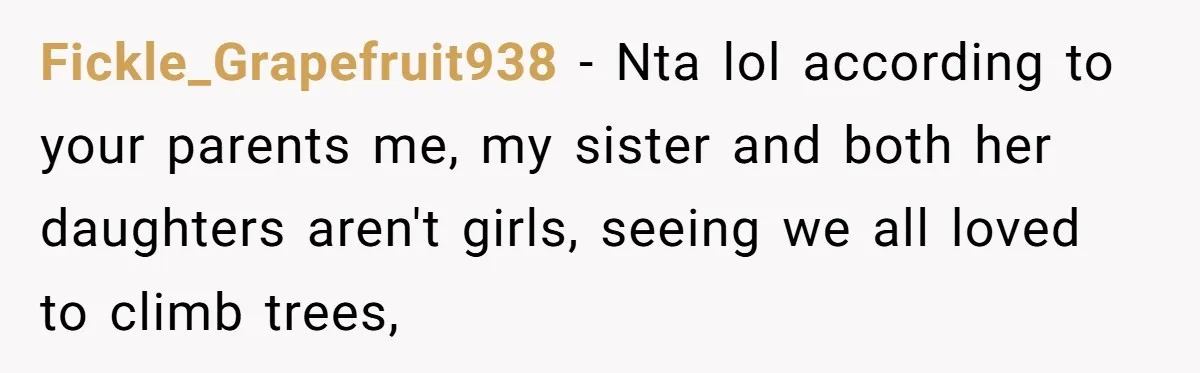 Fickle_Grapefruit938 − Nta lol according to your parents me, my sister and both her daughters aren't girls, seeing we all loved to climb trees,