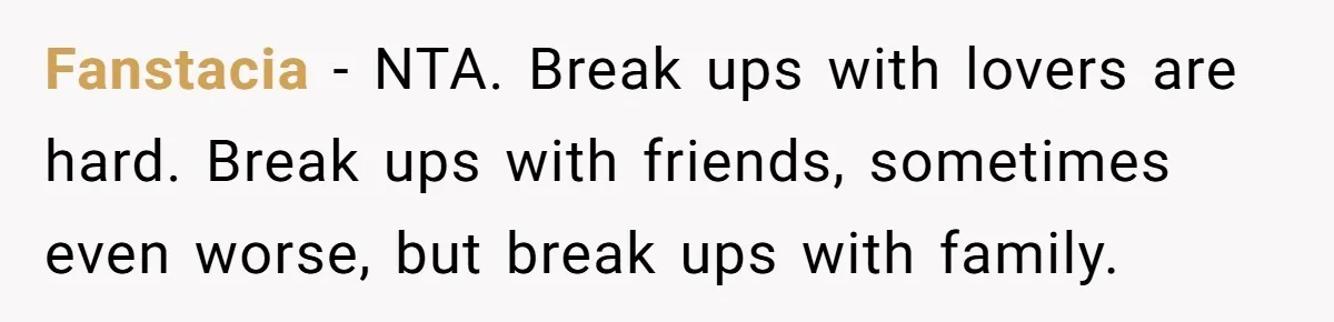 Fanstacia − NTA. Break ups with lovers are hard. Break ups with friends, sometimes even worse, but break ups with family.
