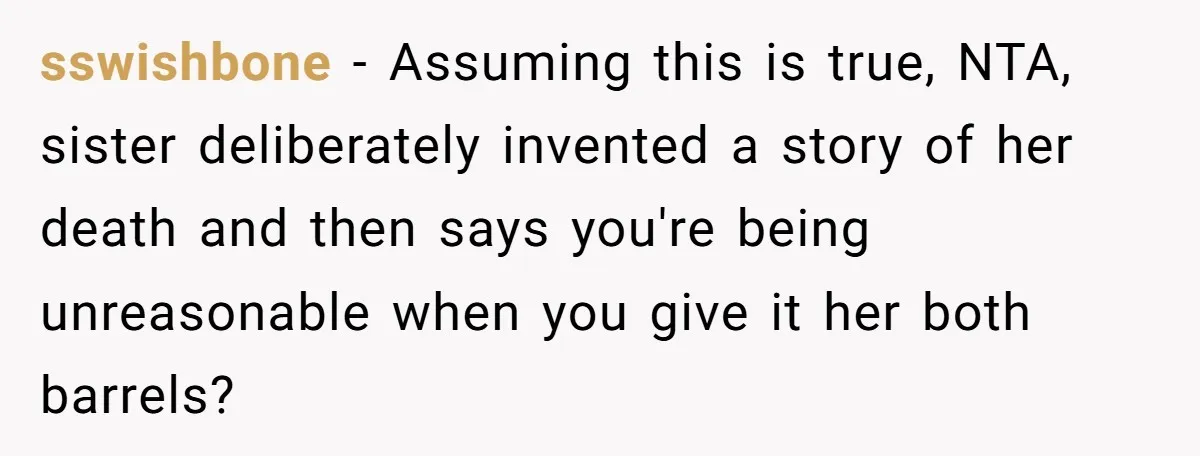 sswishbone − Assuming this is true, NTA, sister deliberately invented a story of her death and then says you're being unreasonable when you give it her both barrels?
