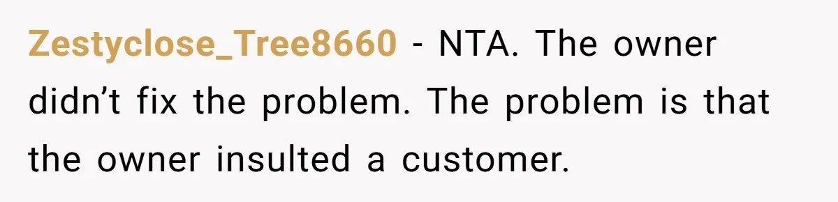 Zestyclose_Tree8660 − NTA. The owner didn’t fix the problem. The problem is that the owner insulted a customer.