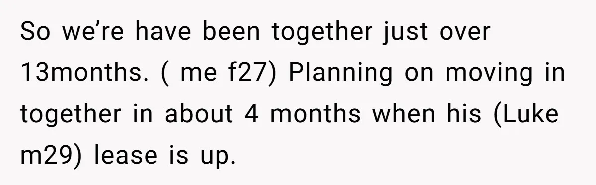So we’re have been together just over 13months. ( me f27) Planning on moving in together in about 4 months when his (Luke m29) lease is up.