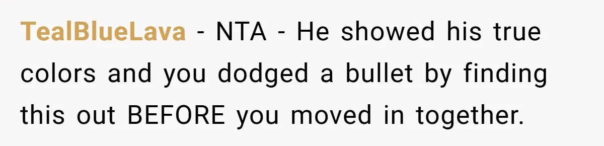 TealBlueLava − NTA - He showed his true colors and you dodged a bullet by finding this out BEFORE you moved in together.