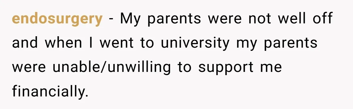 endosurgery − My parents were not well off and when I went to university my parents were unable/unwilling to support me financially.
