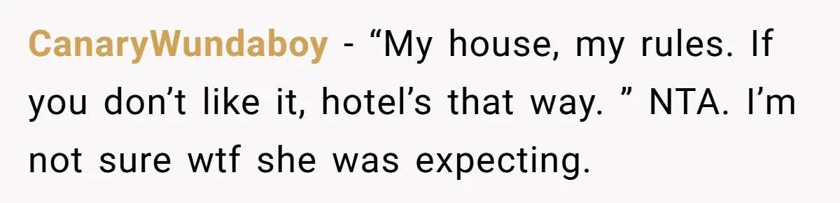 CanaryWundaboy − “My house, my rules. If you don’t like it, hotel’s that way. ” NTA. I’m not sure wtf she was expecting.