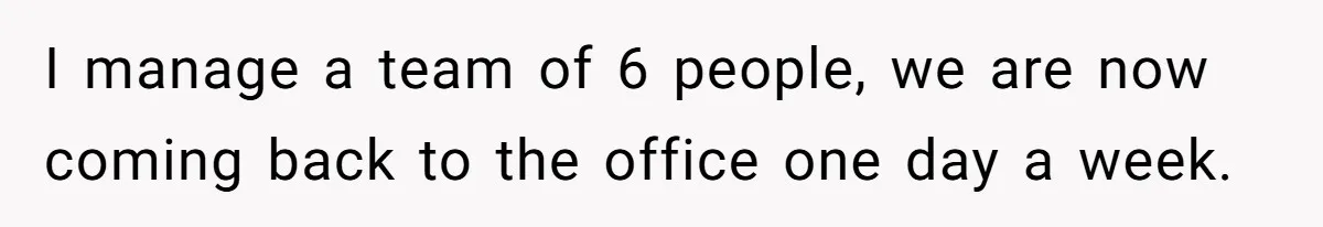 I manage a team of 6 people, we are now coming back to the office one day a week.