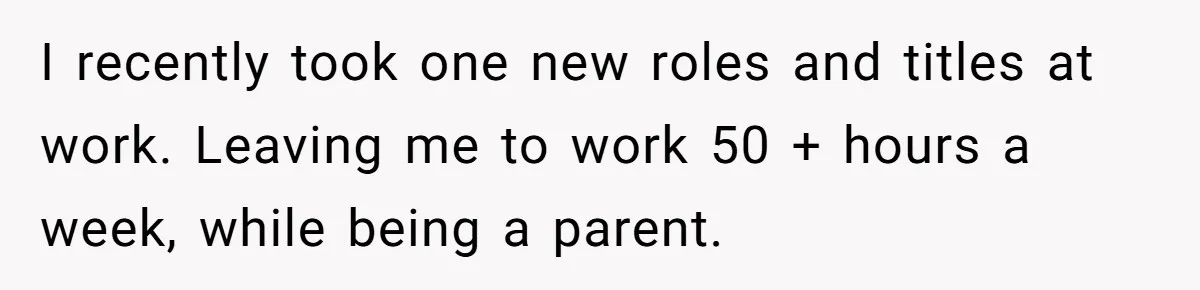 I recently took one new roles and titles at work. Leaving me to work 50 + hours a week, while being a parent.