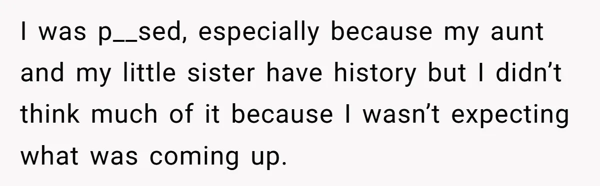I was p__sed, especially because my aunt and my little sister have history but I didn’t think much of it because I wasn’t expecting what was coming up.
