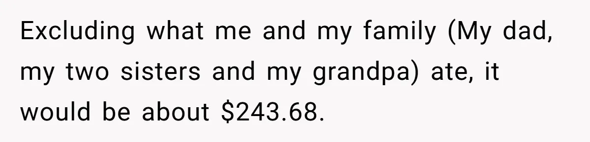 Excluding what me and my family (My dad, my two sisters and my grandpa) ate, it would be about $243.68.