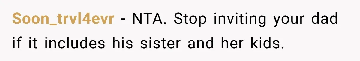 Soon_trvl4evr − NTA. Stop inviting your dad if it includes his sister and her kids.
