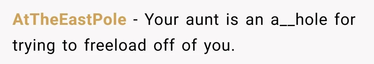 AtTheEastPole − Your aunt is an a__hole for trying to freeload off of you.