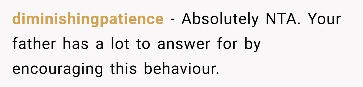 diminishingpatience − Absolutely NTA. Your father has a lot to answer for by encouraging this behaviour.