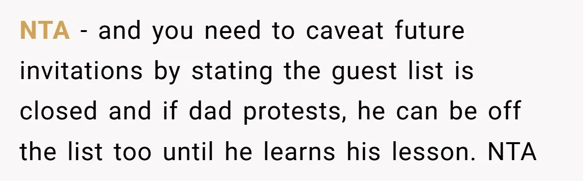 NTA - and you need to caveat future invitations by stating the guest list is closed and if dad protests, he can be off the list too until he learns...