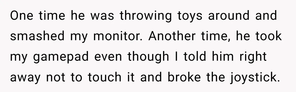 One time he was throwing toys around and smashed my monitor. Another time, he took my gamepad even though I told him right away not to touch it and broke...