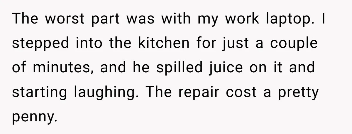 The worst part was with my work laptop. I stepped into the kitchen for just a couple of minutes, and he spilled juice on it and starting laughing. The repair...