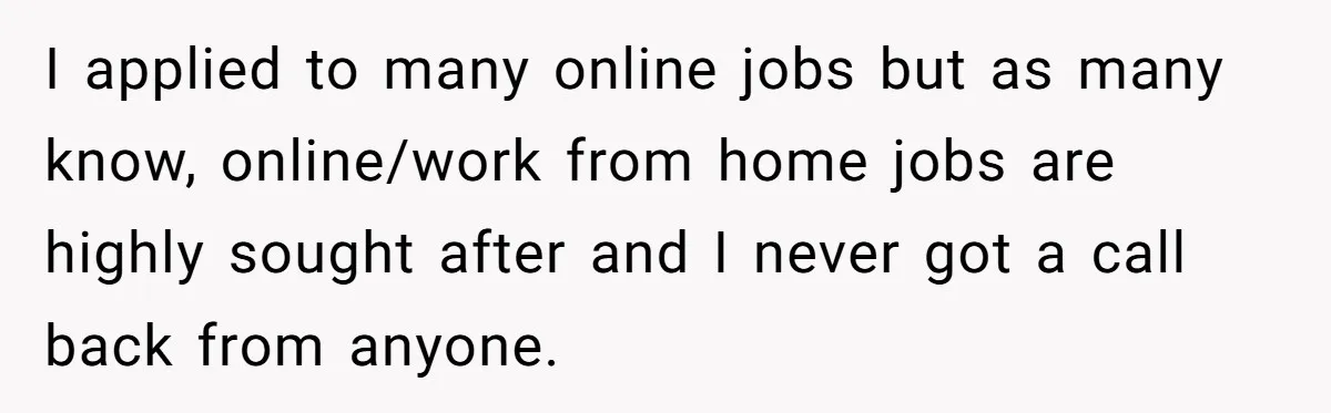 I applied to many online jobs but as many know, online/work from home jobs are highly sought after and I never got a call back from anyone.