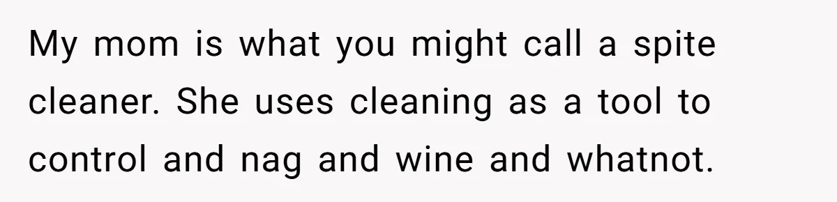 My mom is what you might call a spite cleaner. She uses cleaning as a tool to control and nag and wine and whatnot.