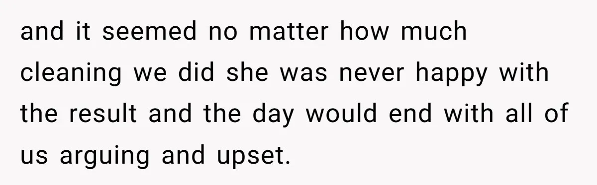 and it seemed no matter how much cleaning we did she was never happy with the result and the day would end with all of us arguing and upset.