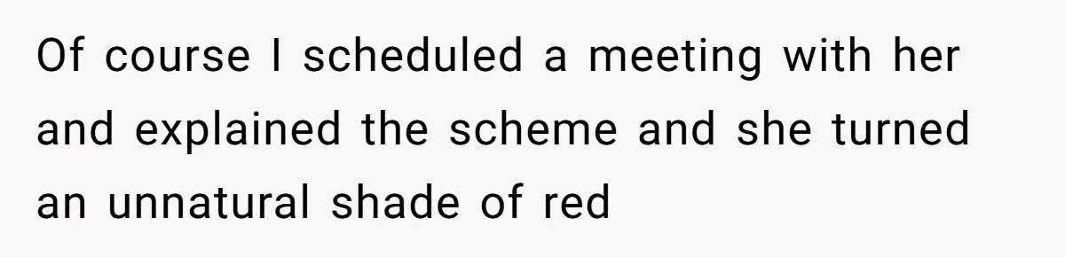 Of course I scheduled a meeting with her and explained the scheme and she turned an unnatural shade of red