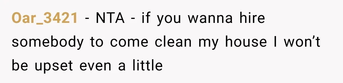 Oar_3421 − NTA - if you wanna hire somebody to come clean my house I won’t be upset even a little