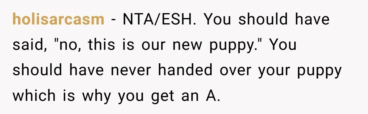 holisarcasm − NTA/ESH. You should have said, "no, this is our new puppy." You should have never handed over your puppy which is why you get an A.
