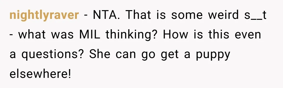 nightlyraver − NTA. That is some weird s__t - what was MIL thinking? How is this even a questions? She can go get a puppy elsewhere!