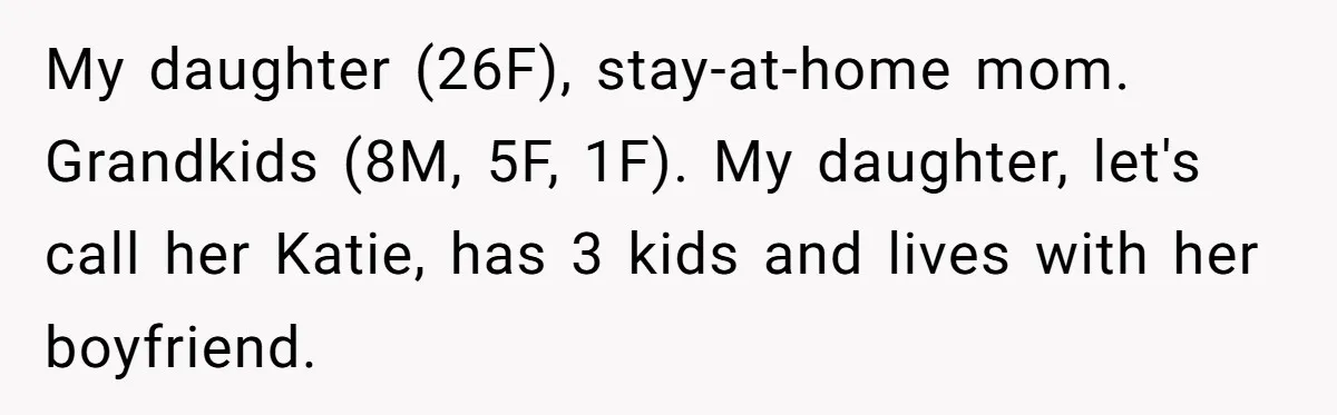 My daughter (26F), stay-at-home mom. Grandkids (8M, 5F, 1F). My daughter, let's call her Katie, has 3 kids and lives with her boyfriend.