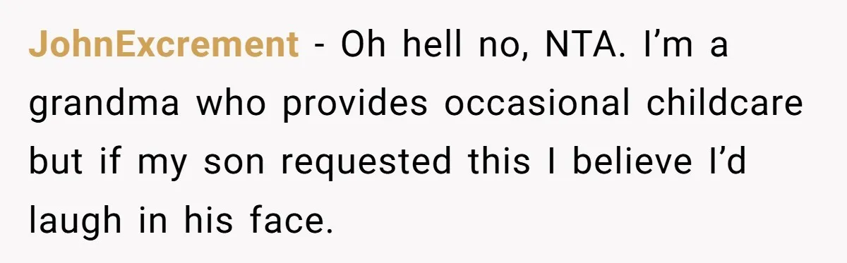JohnExcrement − Oh hell no, NTA. I’m a grandma who provides occasional childcare but if my son requested this I believe I’d laugh in his face.
