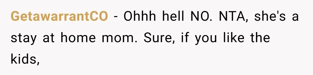 GetawarrantCO − Ohhh hell NO. NTA, she's a stay at home mom. Sure, if you like the kids,
