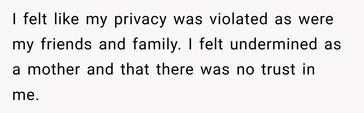 I felt like my privacy was violated as were my friends and family. I felt undermined as a mother and that there was no trust in me.