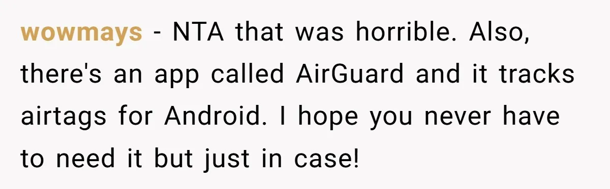 wowmays − NTA that was horrible. Also, there's an app called AirGuard and it tracks airtags for Android. I hope you never have to need it but just in case!