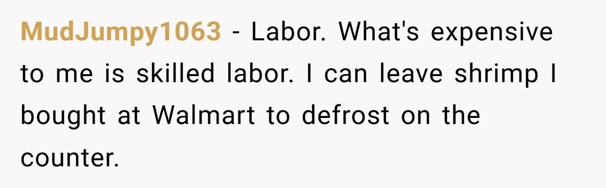 MudJumpy1063 − Labor. What's expensive to me is skilled labor. I can leave shrimp I bought at Walmart to defrost on the counter.