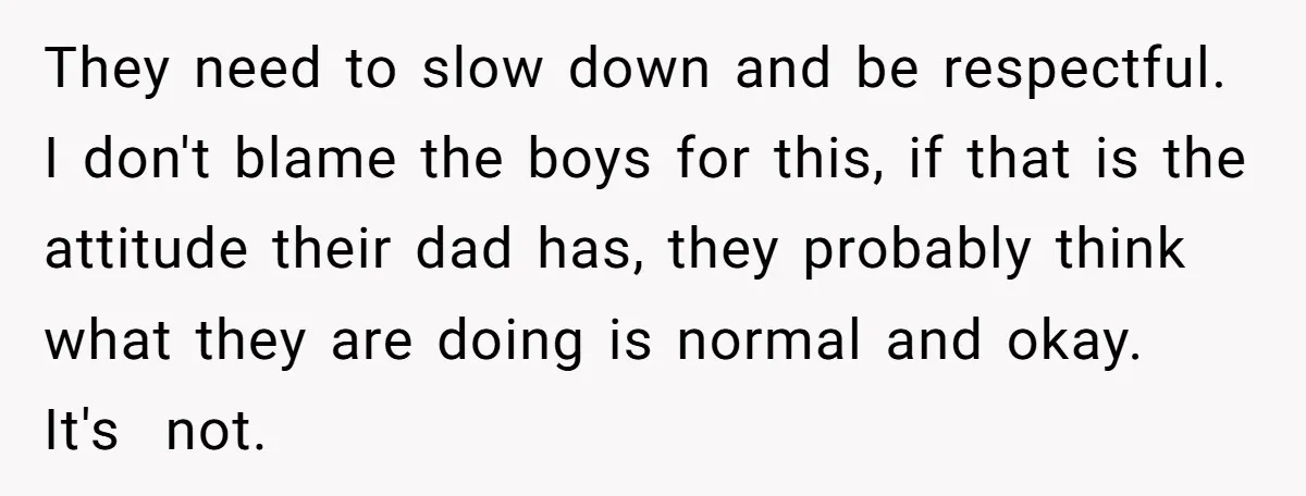 They need to slow down and be respectful. I don't blame the boys for this, if that is the attitude their dad has, they probably think what they are doing...
