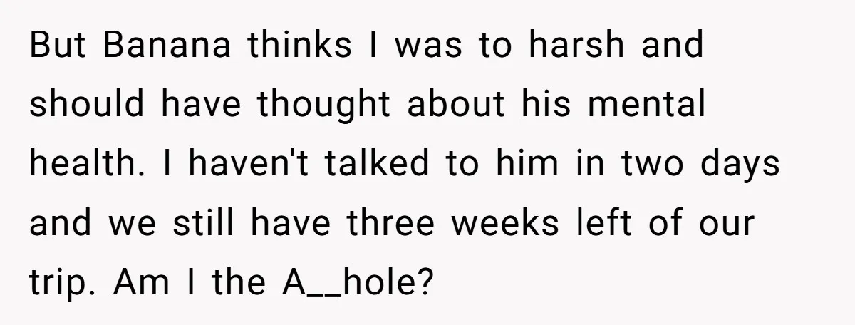 But Banana thinks I was to harsh and should have thought about his mental health. I haven't talked to him in two days and we still have three weeks left...