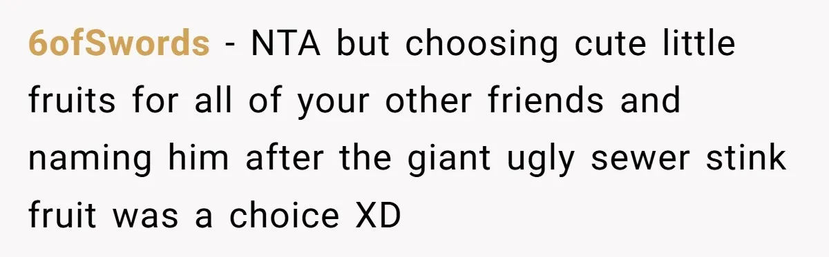 6ofSwords − NTA but choosing cute little fruits for all of your other friends and naming him after the giant ugly sewer stink fruit was a choice XD
