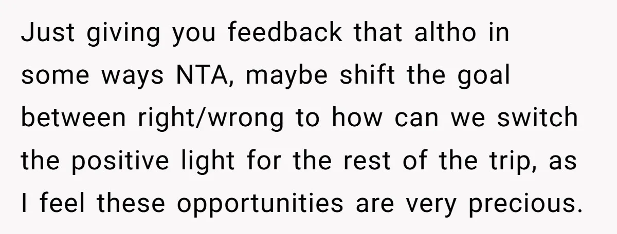Just giving you feedback that altho in some ways NTA, maybe shift the goal between right/wrong to how can we switch the positive light for the rest of the trip,...