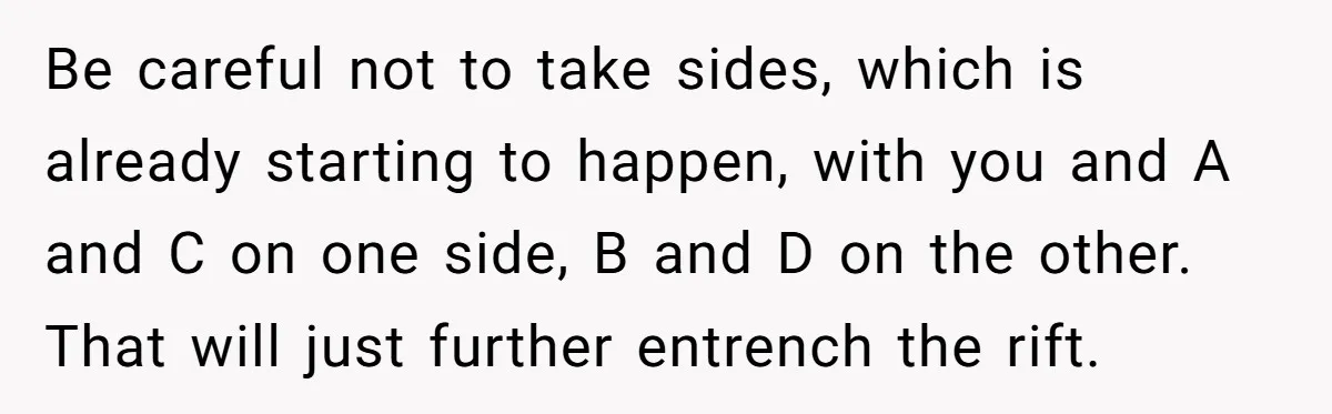 Be careful not to take sides, which is already starting to happen, with you and A and C on one side, B and D on the other. That will just...
