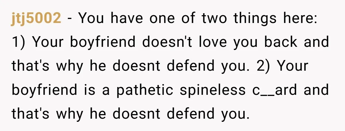 jtj5002 − You have one of two things here: 1) Your boyfriend doesn't love you back and that's why he doesnt defend you. 2) Your boyfriend is a pathetic spineless...