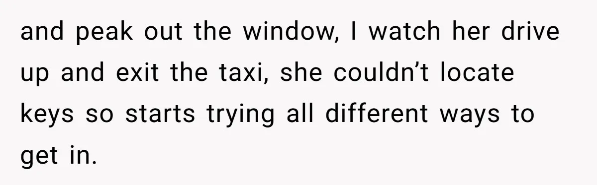 and peak out the window, I watch her drive up and exit the taxi, she couldn’t locate keys so starts trying all different ways to get in.