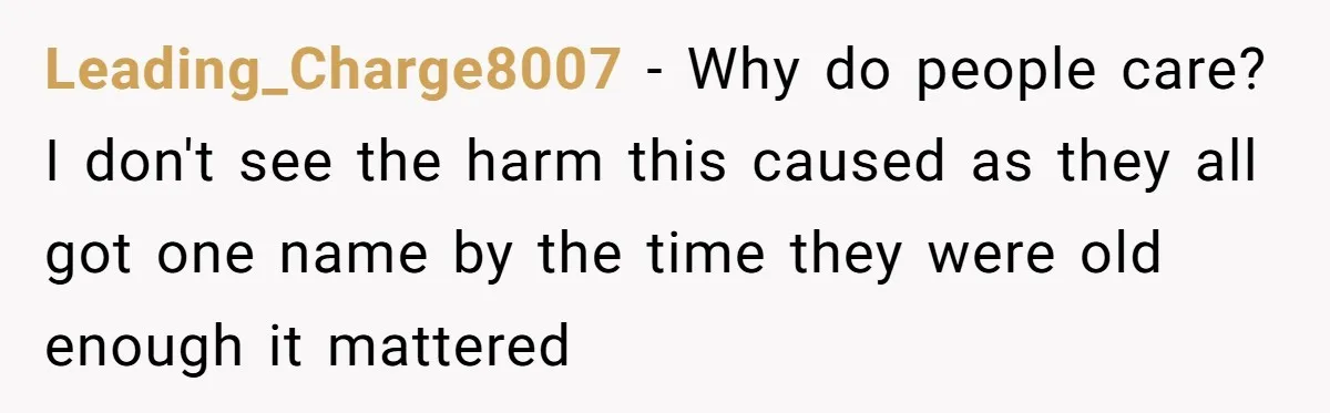 Leading_Charge8007 − Why do people care? I don't see the harm this caused as they all got one name by the time they were old enough it mattered