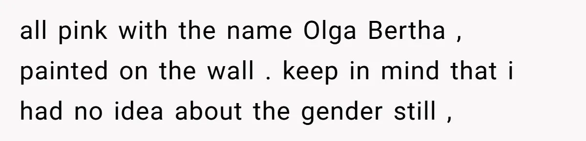 all pink with the name Olga Bertha , painted on the wall . keep in mind that i had no idea about the gender still ,