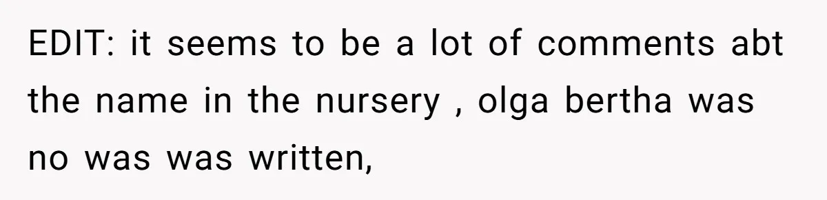EDIT: it seems to be a lot of comments abt the name in the nursery , olga bertha was no was was written,